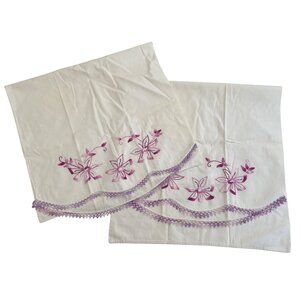 Vintage White Pillowcases With Purple Floral Embroidery & Crochet Trims scallop